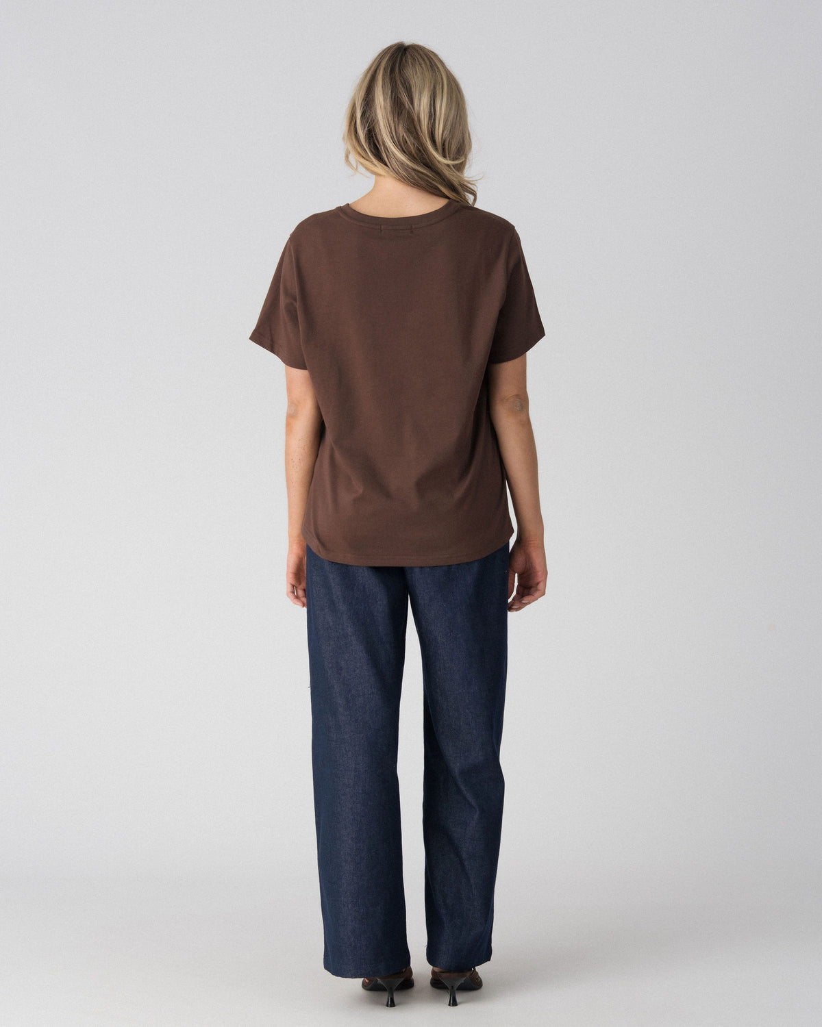 Back view of the Lenelly Avery V-neck nursing tee in brown