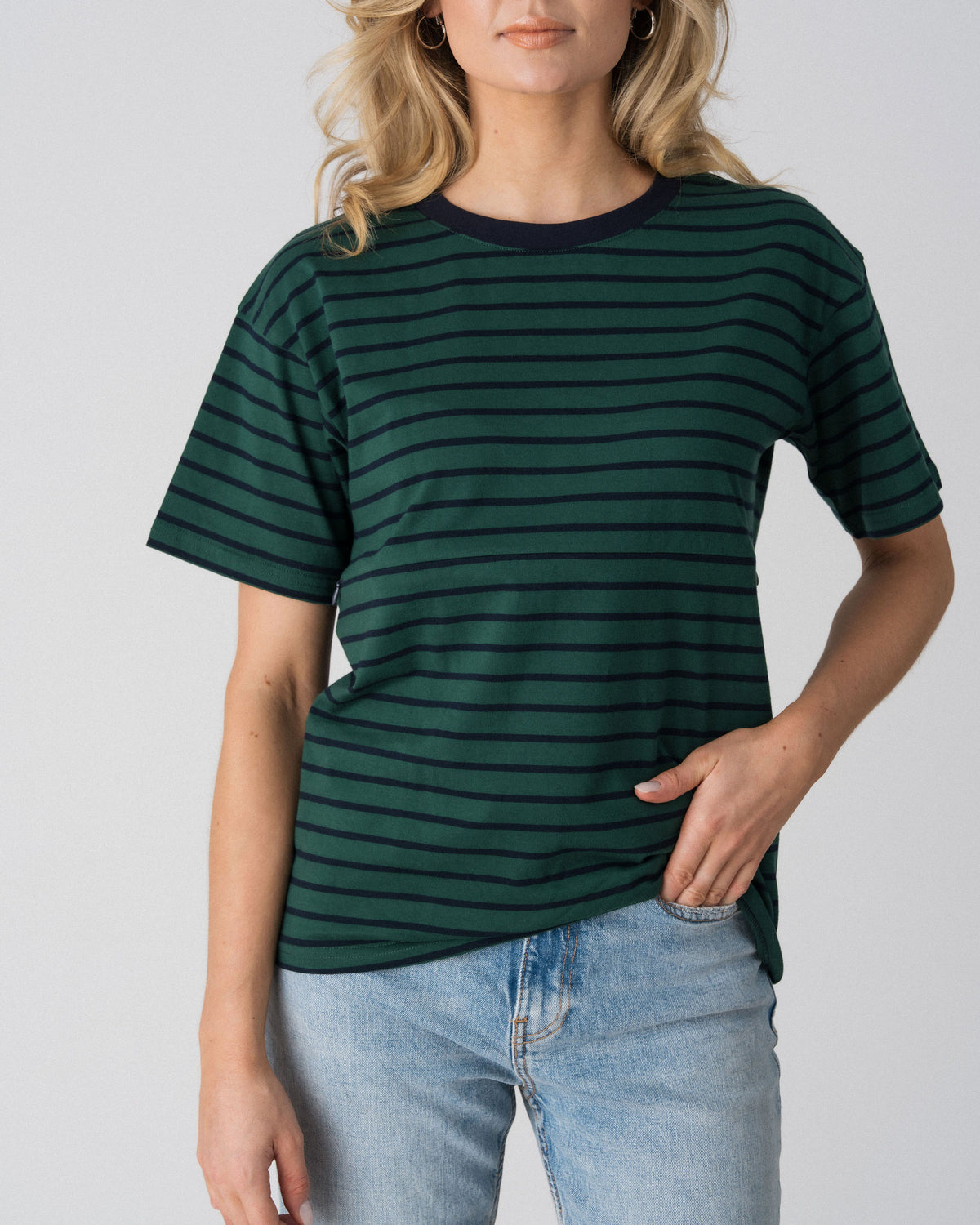 Close-up of the Lenelly Issa nursing tee in forest green and navy, showing the contrast navy neckline and hidden zip seam