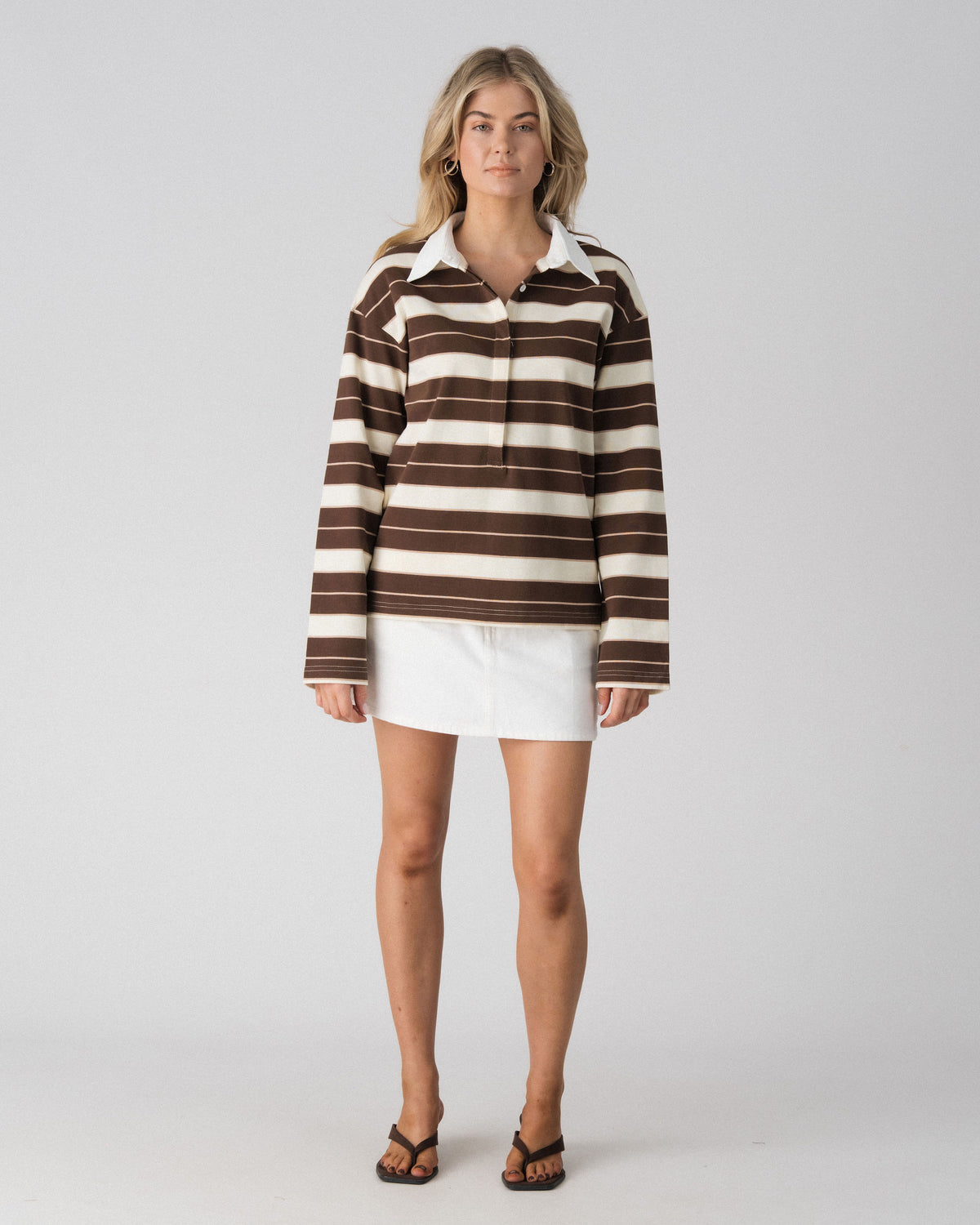 Lenelly Erika rugby nursing polo in brown and cream stripe, a breastfeeding-friendly long sleeve polo, front view