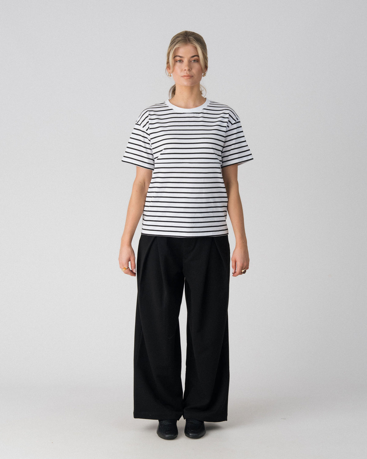 Lenelly Issa everyday striped tee in white and black, a breastfeeding-friendly cotton tee, front view on a light studio background