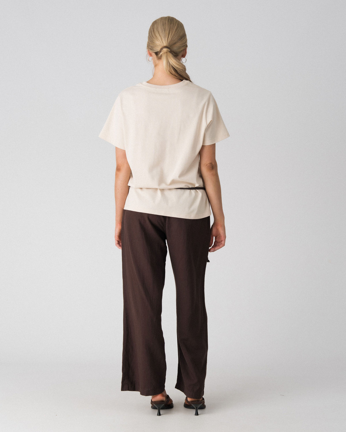Back view of the Lenelly Avery V-neck nursing tee in sand