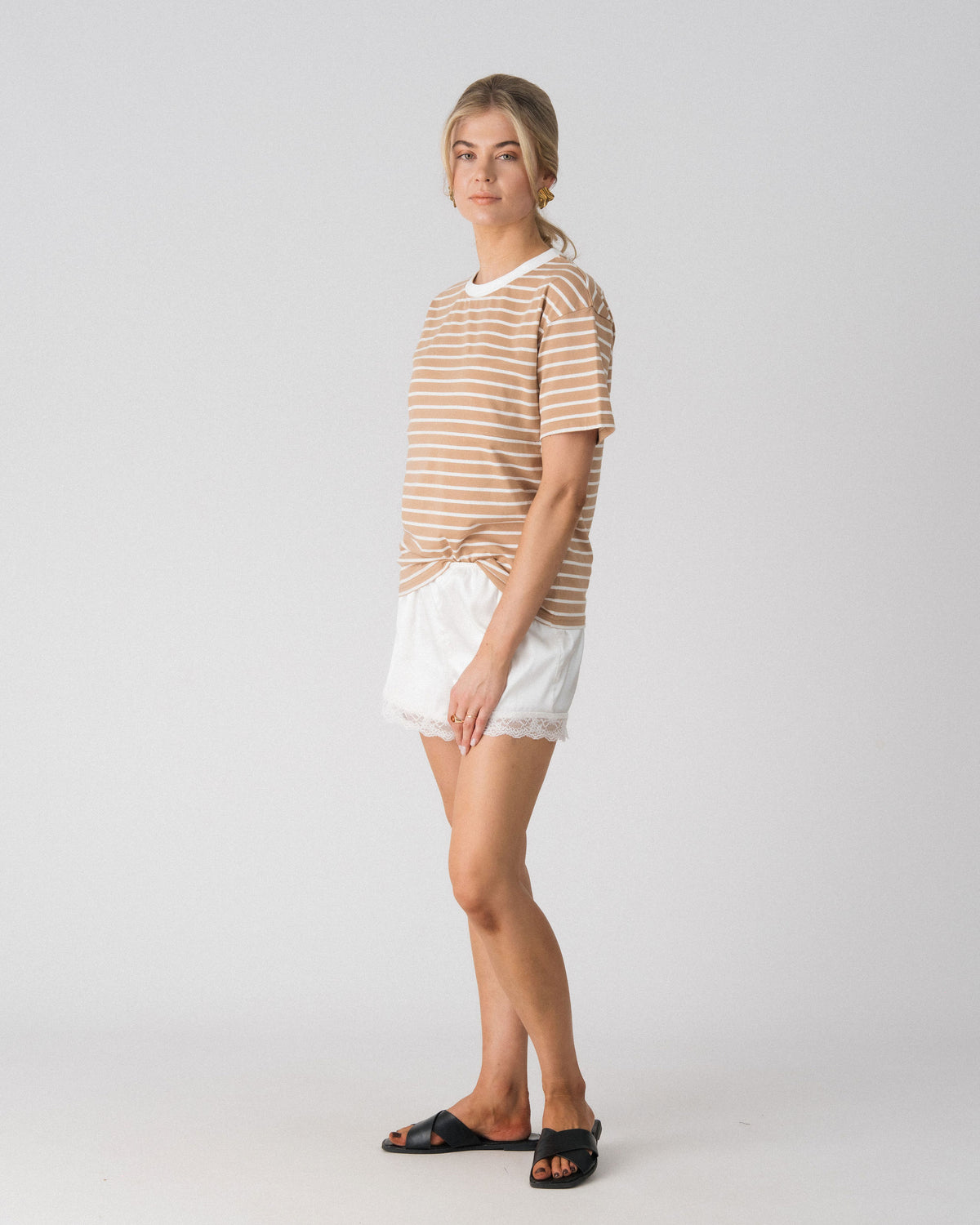 Lenelly Issa striped tee in tan and white, side view showing the relaxed everyday fit