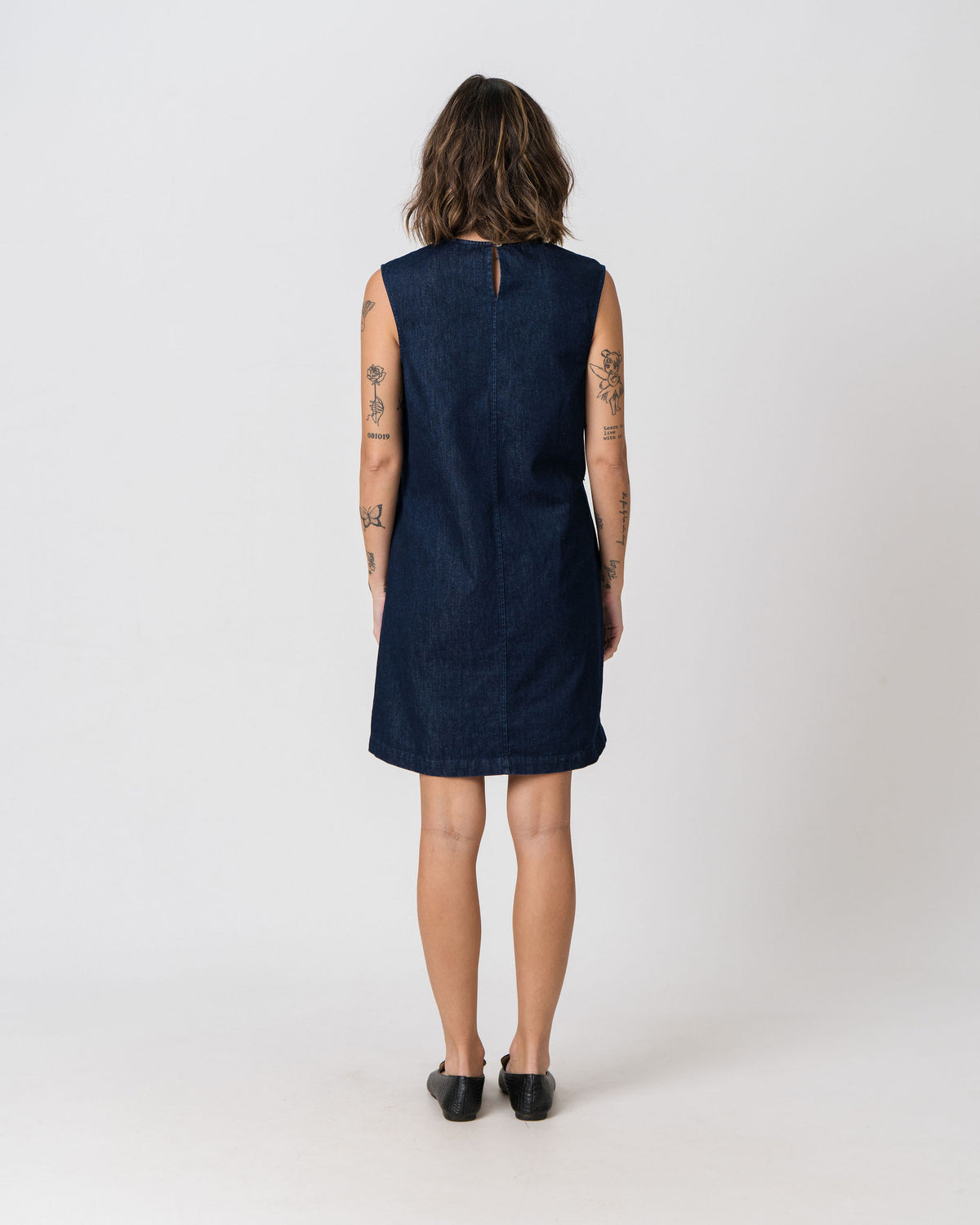 Lenelly Frankie denim dress in indigo, back view on a white background