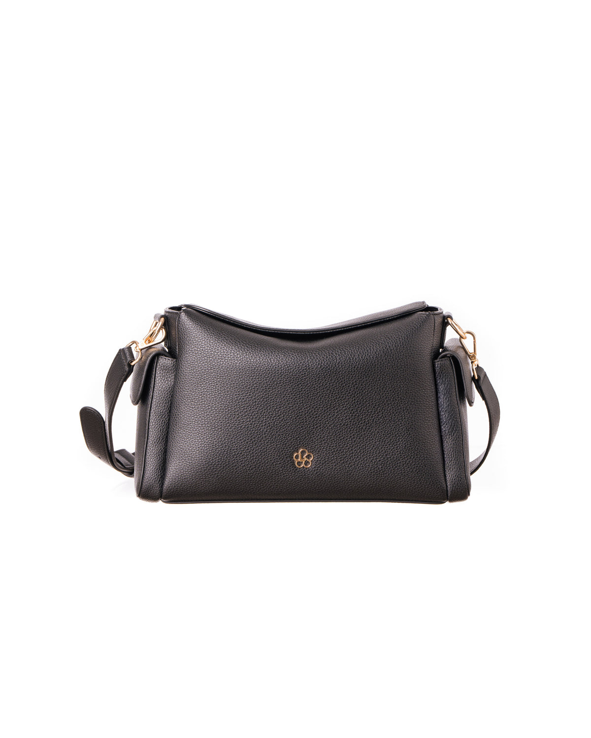 Lenelly Hera pram caddy bag in black vegan leather with adjustable crossbody strap, front view on a white background
