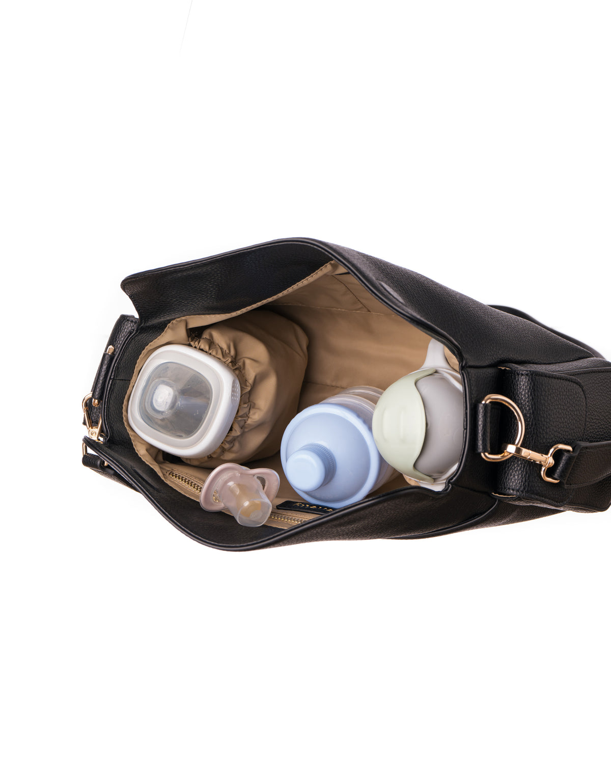Lenelly Hera pram caddy bag in black vegan leather with adjustable strap, interior view on white background with baby bottles, formula container, water sippy cup and dummy pacifier inside the bag