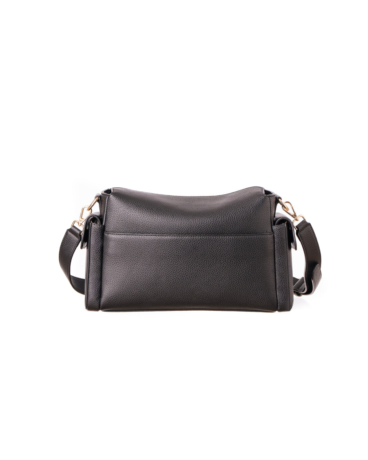 Lenelly Hera pram caddy bag in black vegan leather with adjustable strap, rear back view on white background