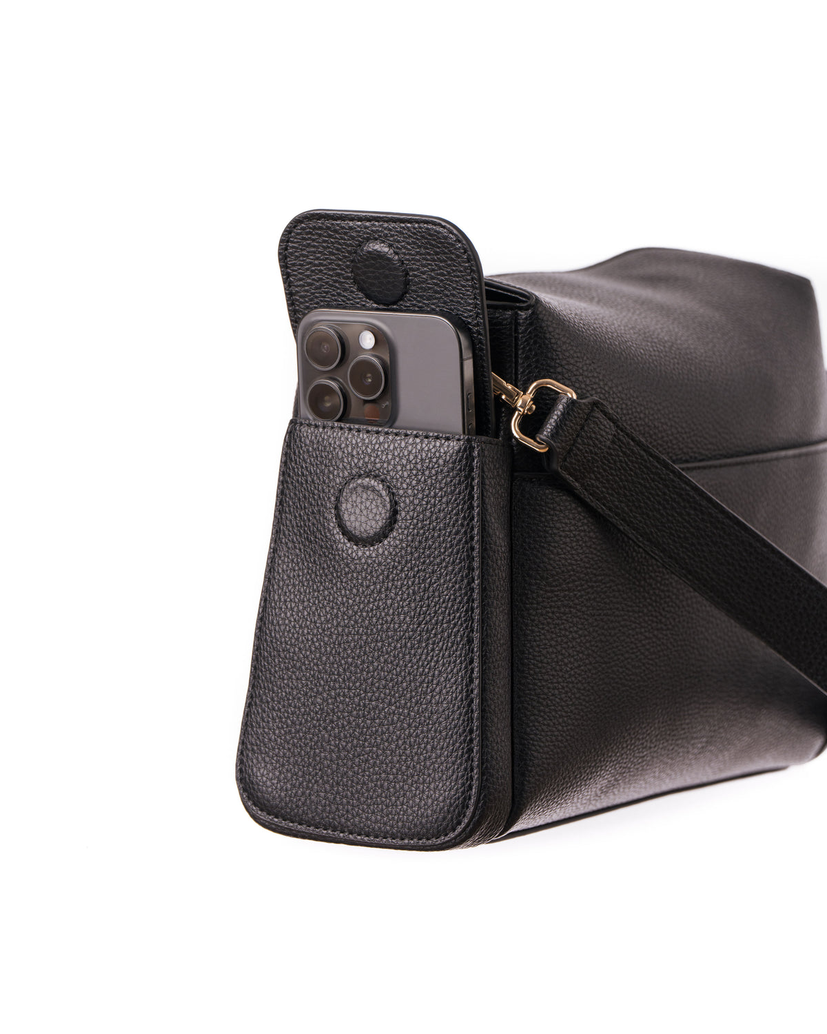 Lenelly Hera pram caddy bag in black vegan leather with adjustable strap, side view on white background with a phone in the side pocket