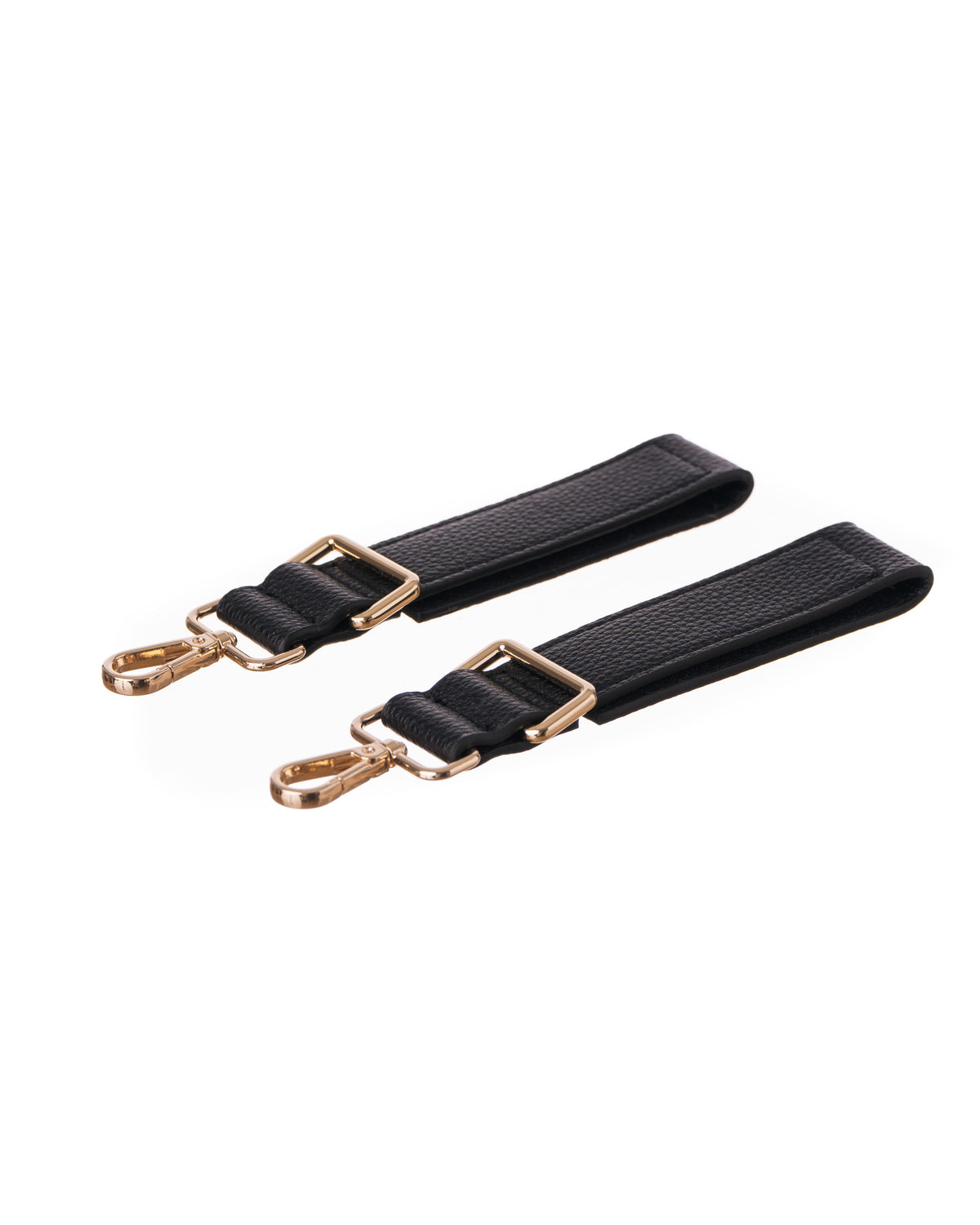 Two short pram stroller attachment straps for Lenelly Hera pram caddy bag in black vegan leather on white background