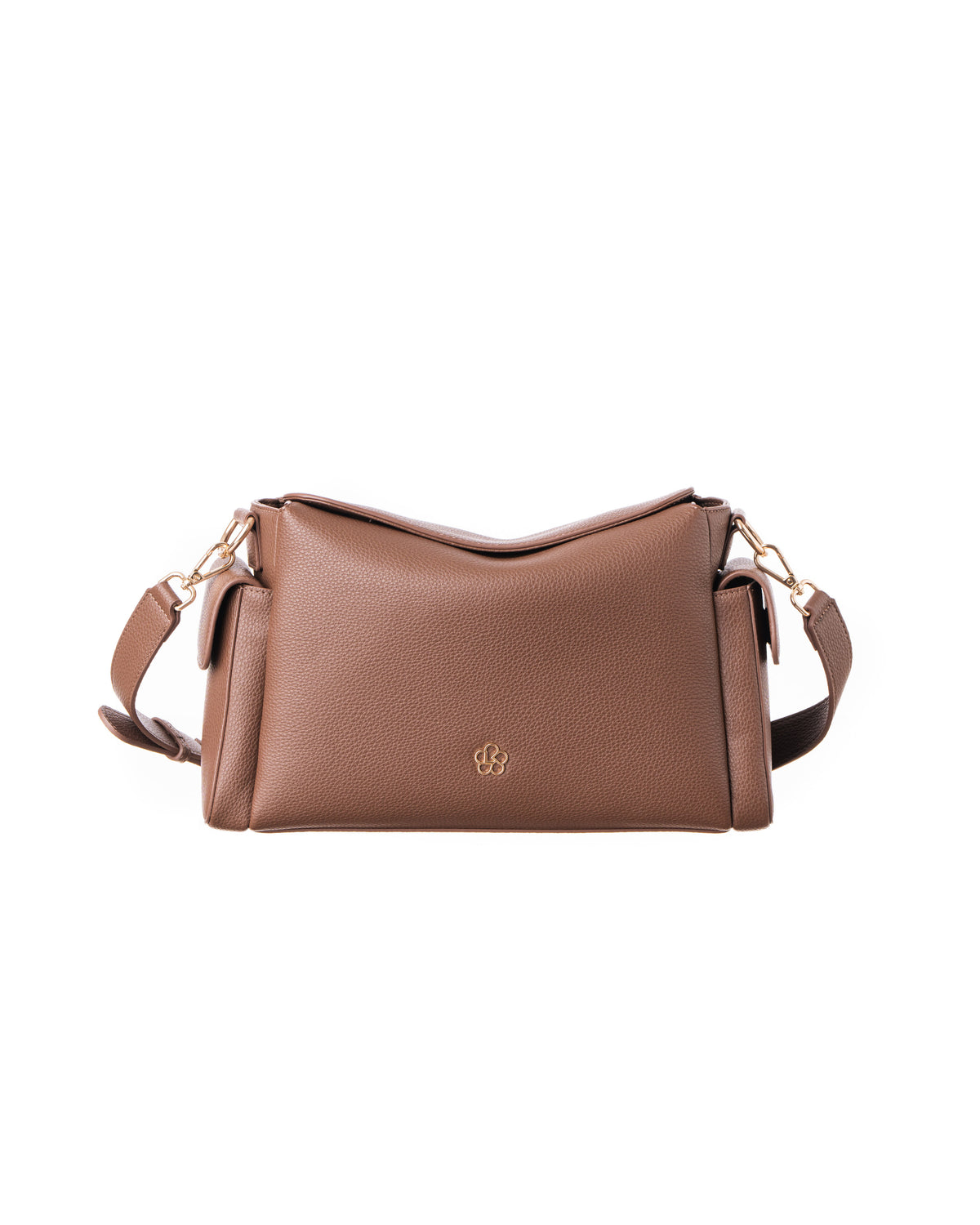 Lenelly Hera pram caddy bag in brown vegan leather with adjustable strap, front view on white background