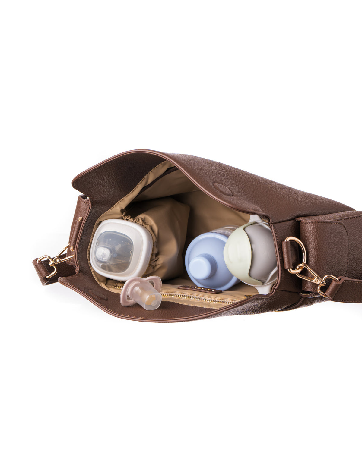 Lenelly Hera pram caddy bag in brown vegan leather with adjustable strap, styled interior view on white background with baby bottle, formula container, water sippy cup and dummy pacifier