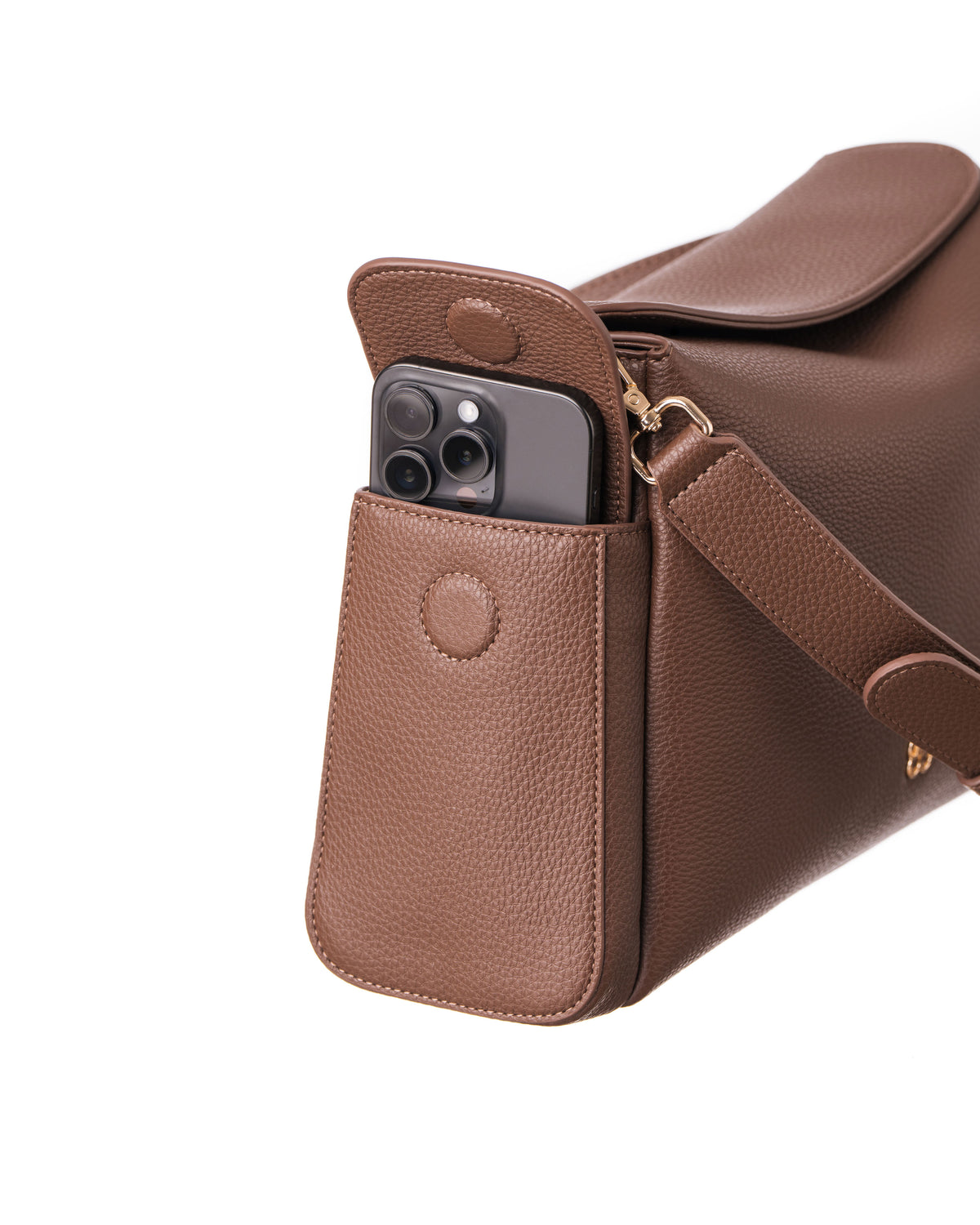 Lenelly Hera pram caddy bag in brown vegan leather with adjustable strap, side view on white background with phone in side pocket