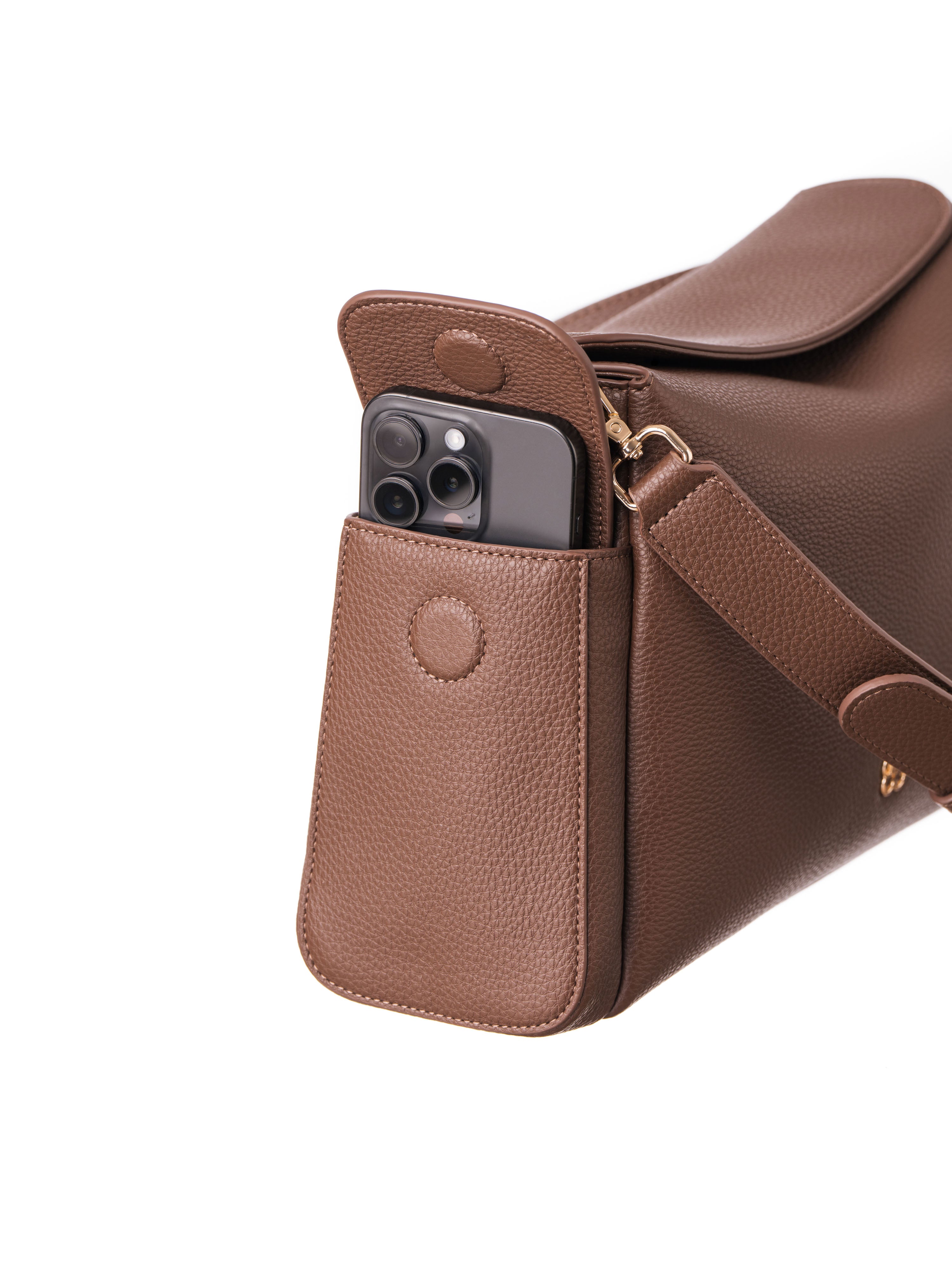 Lenelly Hera pram caddy bag in brown vegan leather with adjustable strap, side view on white background with phone in side pocket