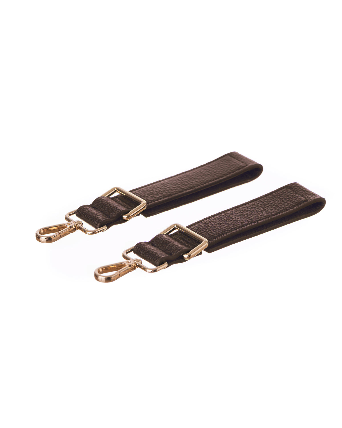Two short pram stroller attachment straps for Lenelly Hera pram caddy bag in brown vegan leather on white background