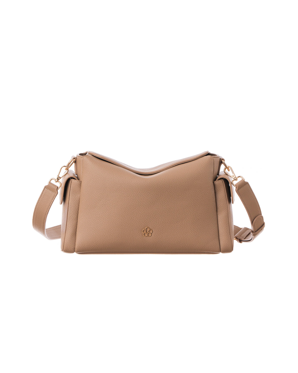 Lenelly Hera pram caddy bag in sand vegan leather with adjustable strap, front view on white background