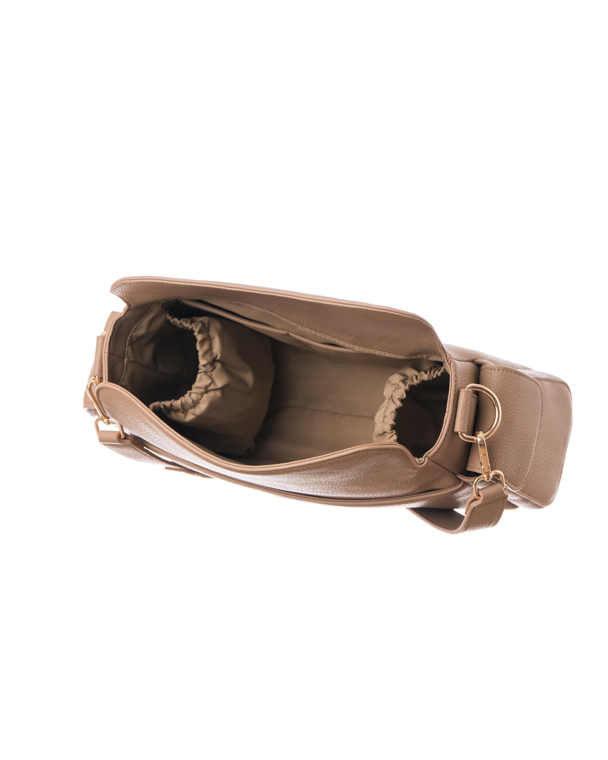 Lenelly Hera pram caddy bag in sand vegan leather with adjustable strap, empty interior view on white background