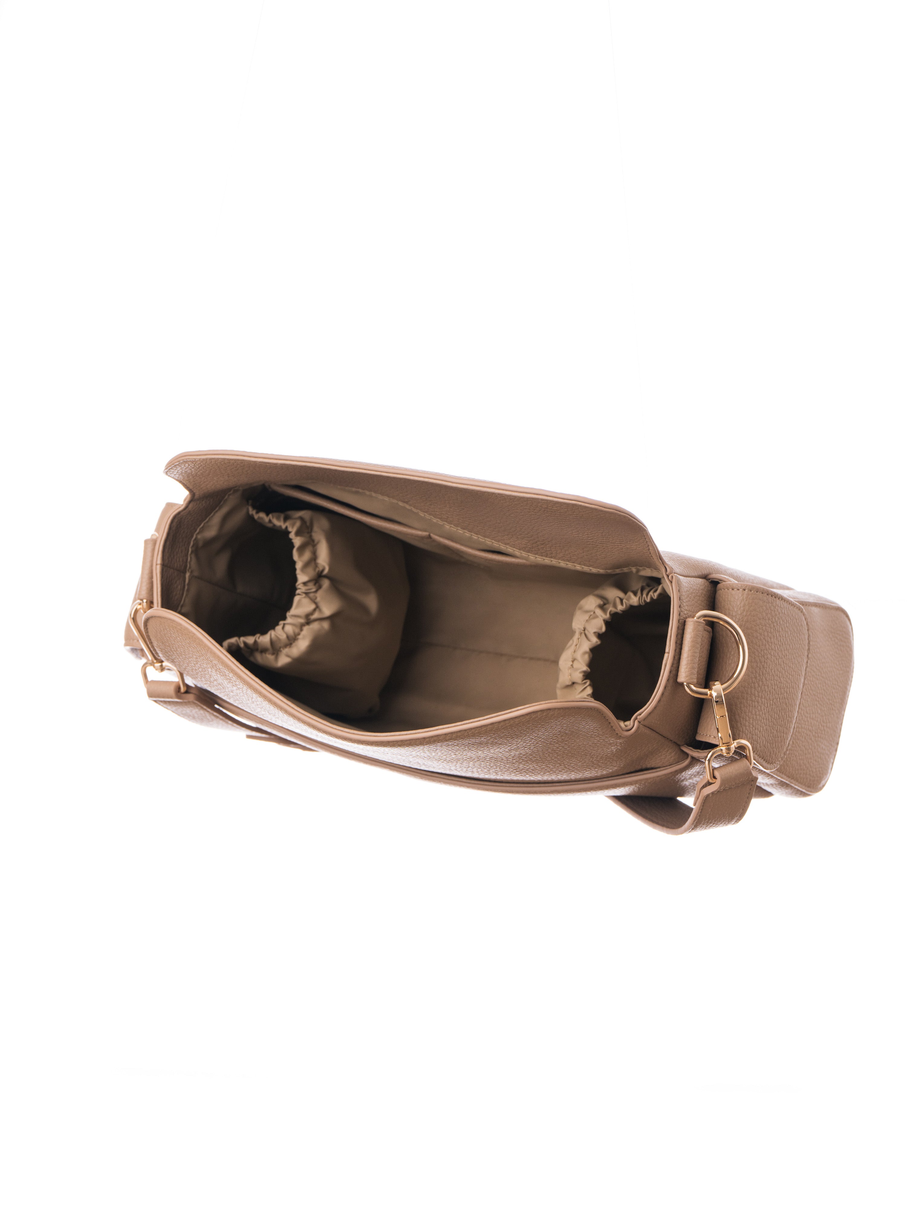 Lenelly Hera pram caddy bag in sand vegan leather with adjustable strap, empty interior view on white background