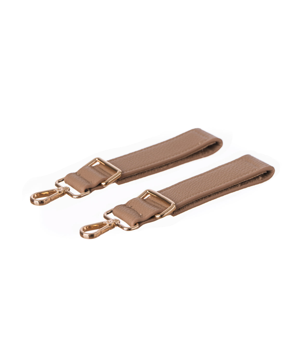 Two short pram stroller attachment straps for Lenelly Hera pram caddy bag in sand vegan leather on white background