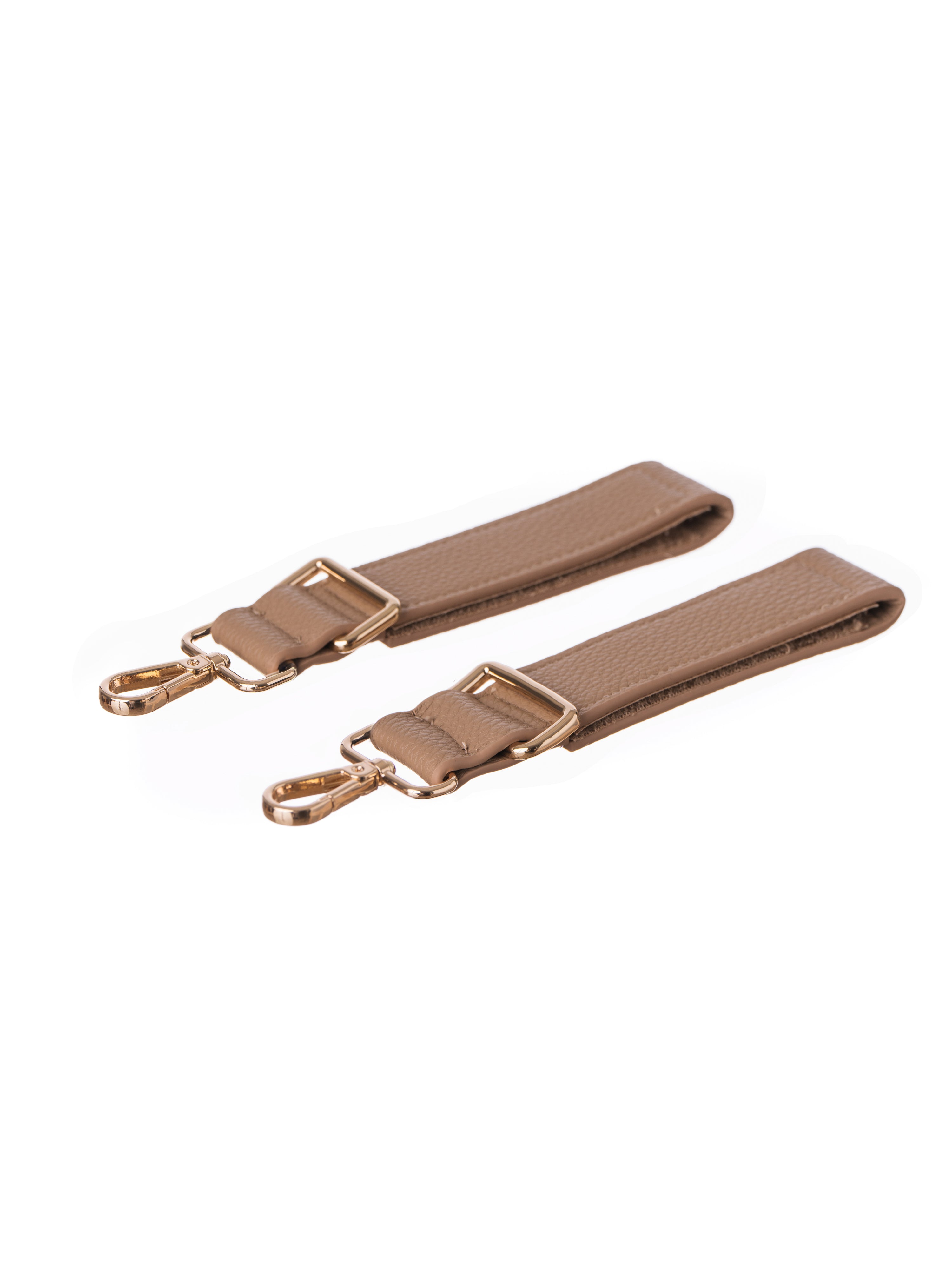 Two short pram stroller attachment straps for Lenelly Hera pram caddy bag in sand vegan leather on white background