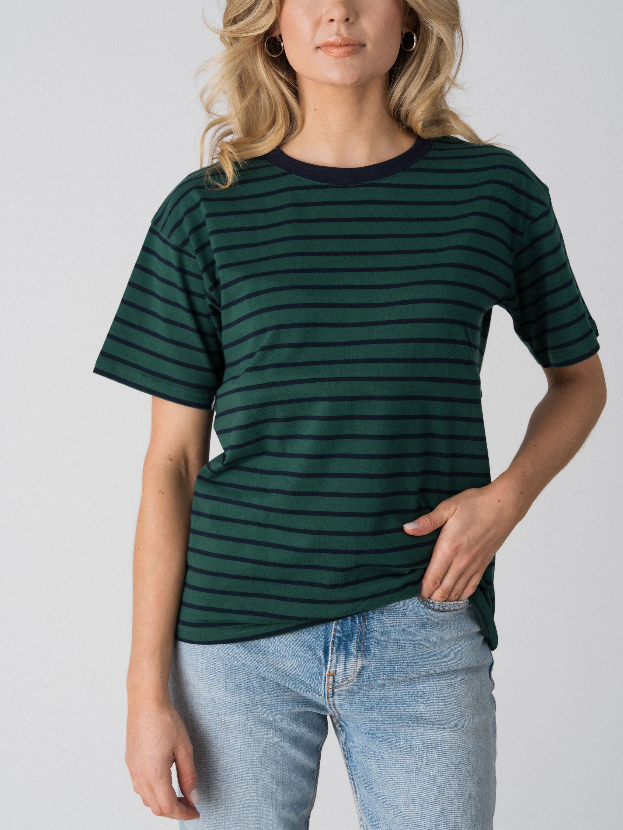 Close-up of the Lenelly Issa nursing tee in forest green and navy, showing the contrast navy neckline and hidden zip seam