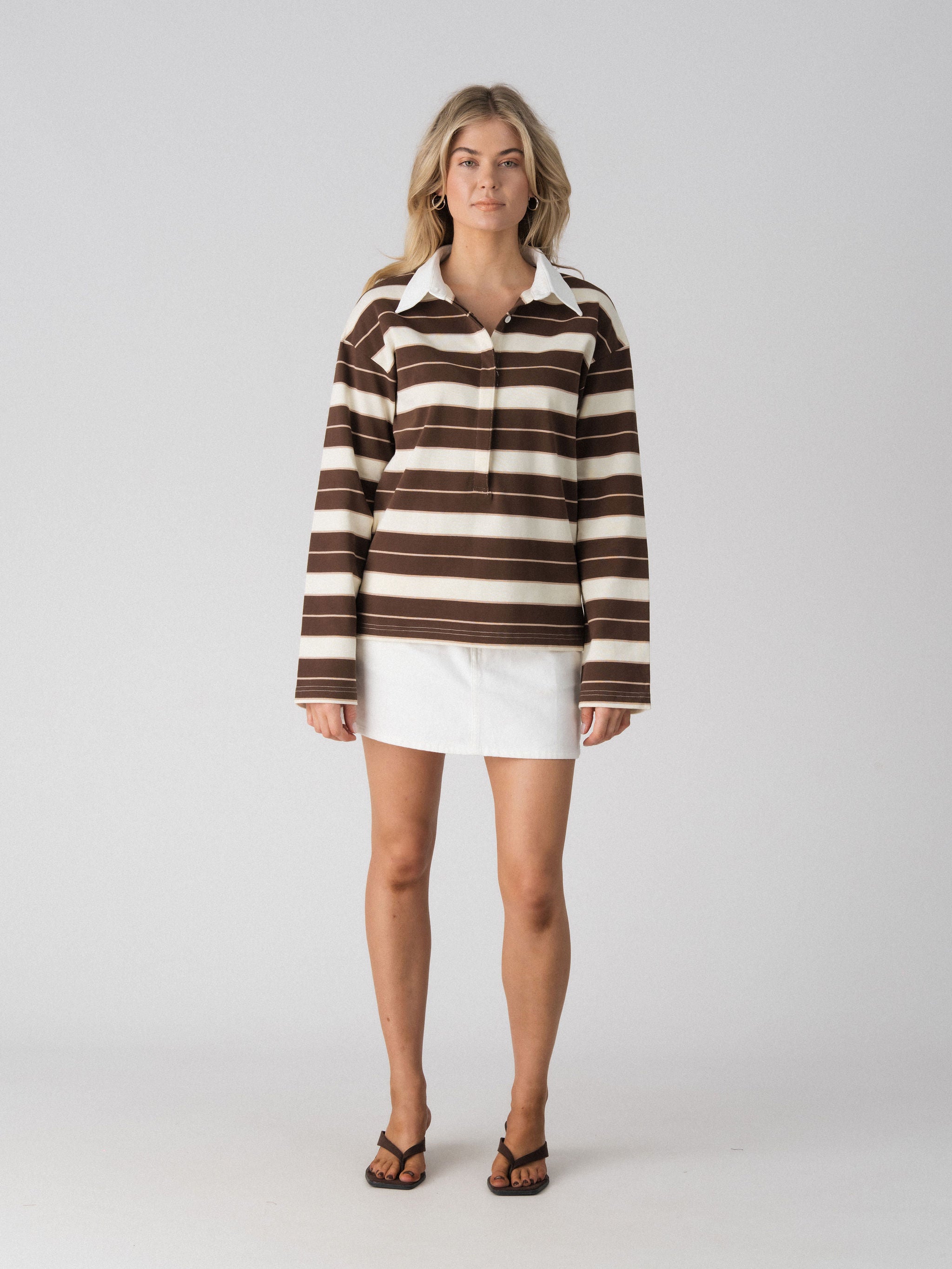 Lenelly Erika rugby nursing polo in brown and cream stripe, a breastfeeding-friendly long sleeve polo, front view