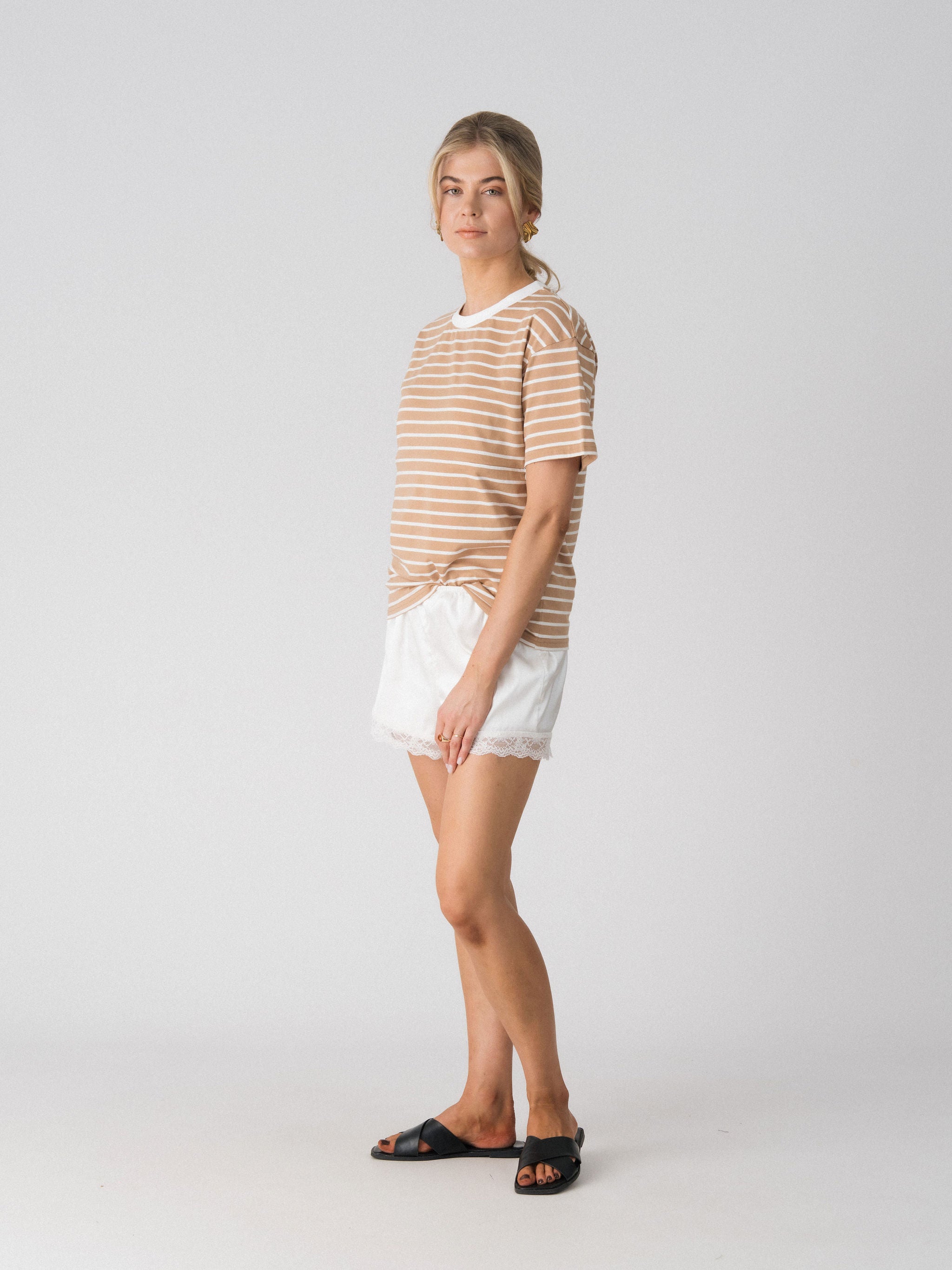 Lenelly Issa striped tee in tan and white, side view showing the relaxed everyday fit