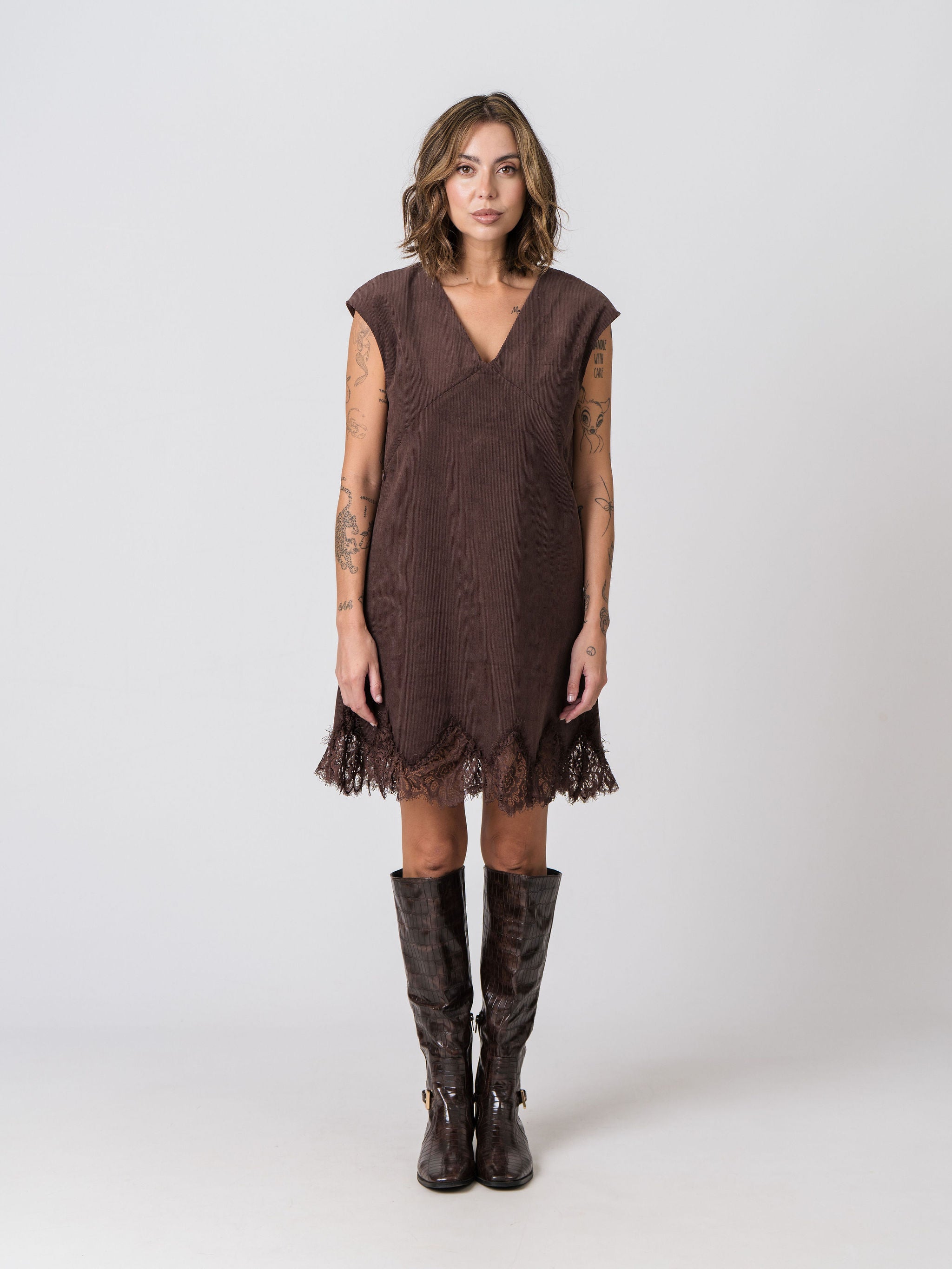 Audrey Corduroy Lace Trim Dress – Lenelly