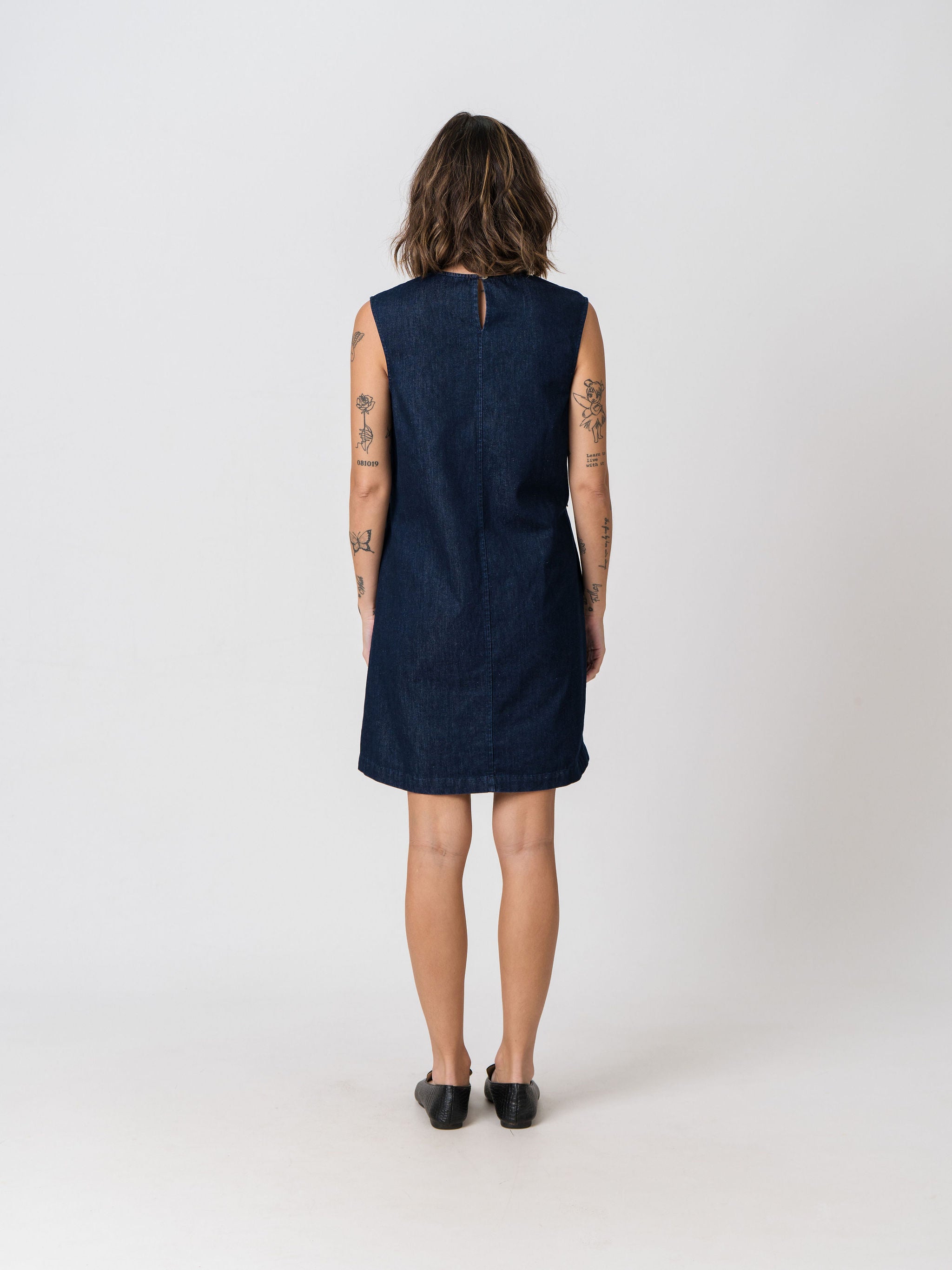 Lenelly Frankie denim dress in indigo, back view on a white background