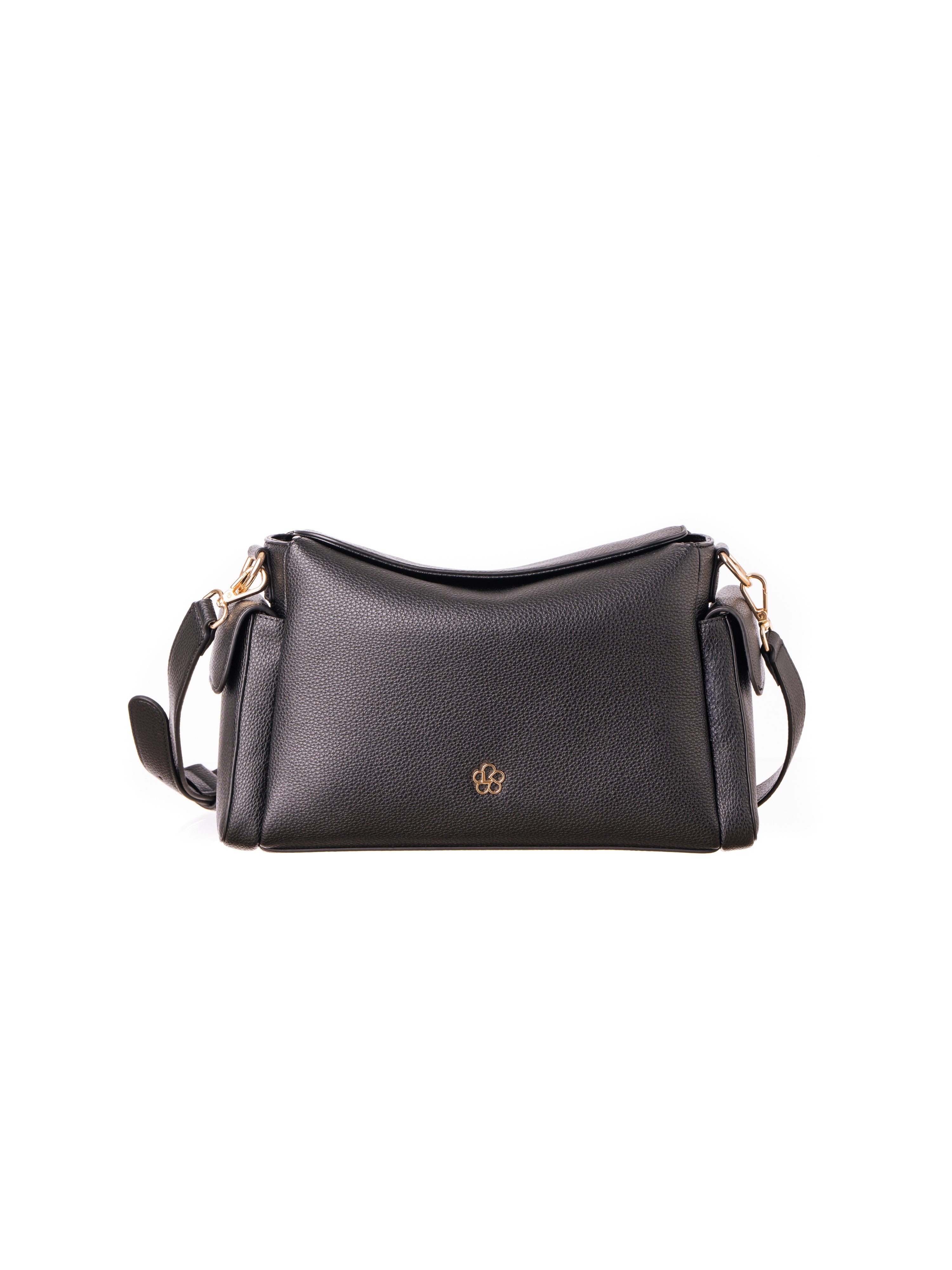 Lenelly Hera pram caddy bag in black vegan leather with adjustable crossbody strap, front view on a white background
