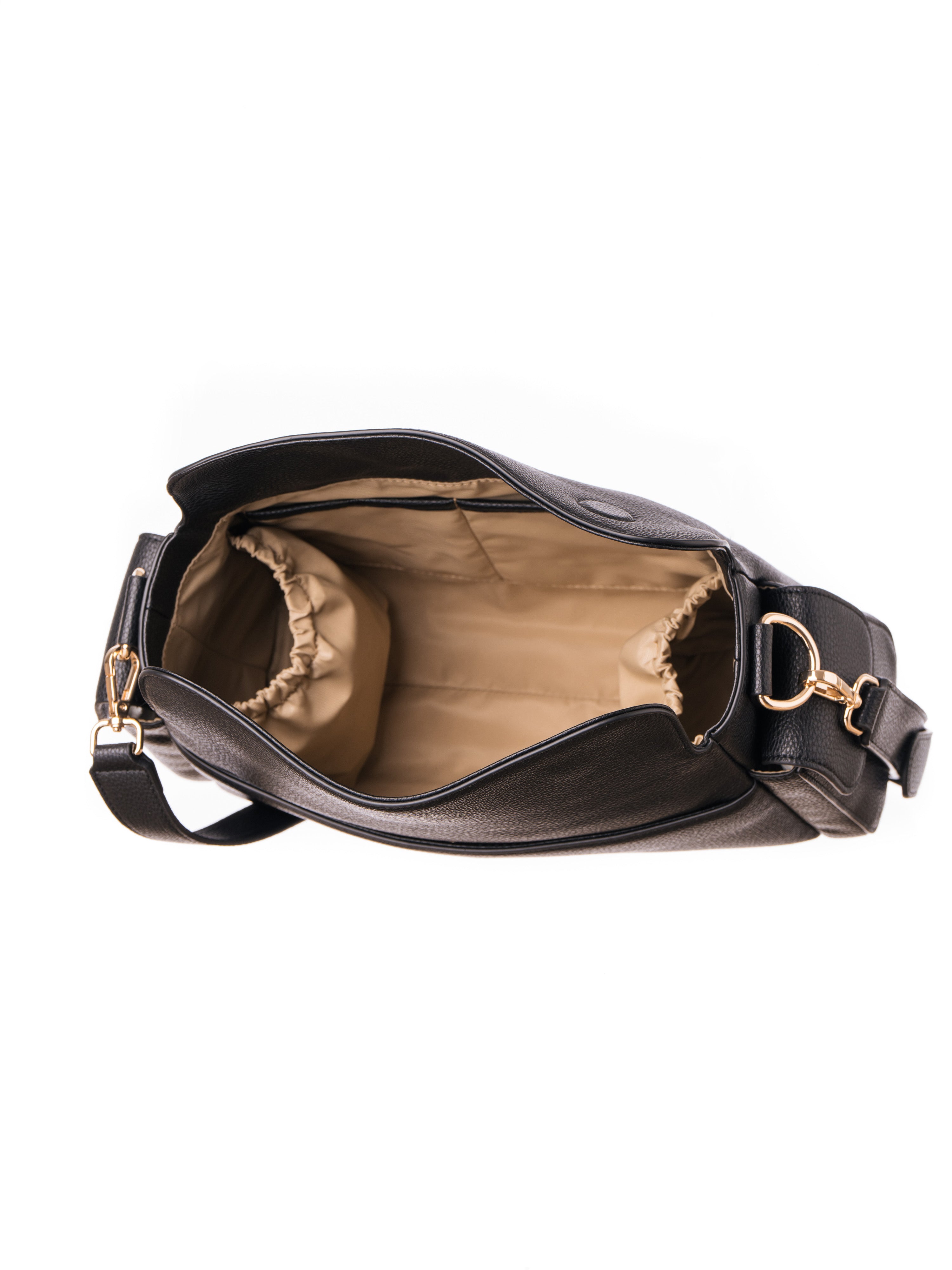Lenelly Hera pram caddy bag in black vegan leather with adjustable strap, interior view on white background