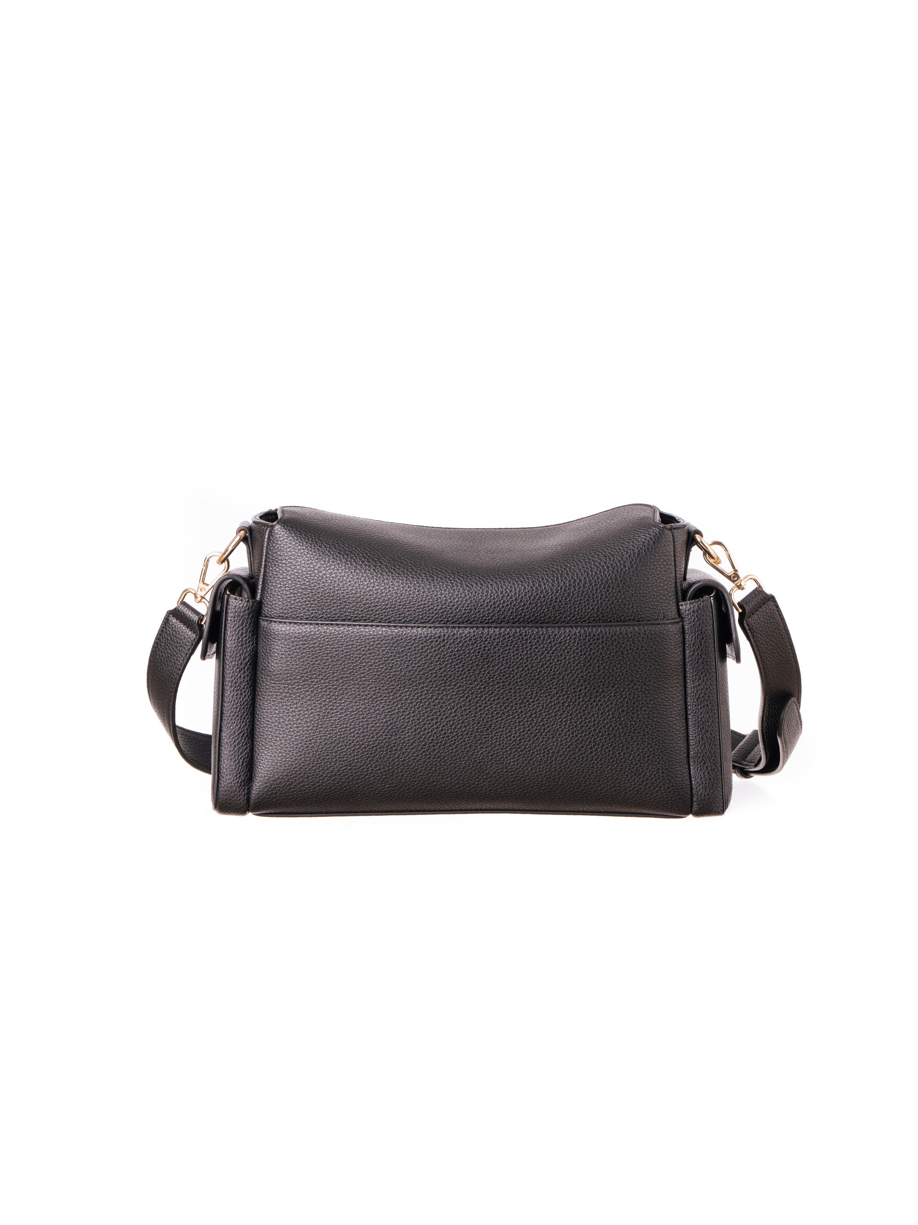 Lenelly Hera pram caddy bag in black vegan leather with adjustable strap, rear back view on white background