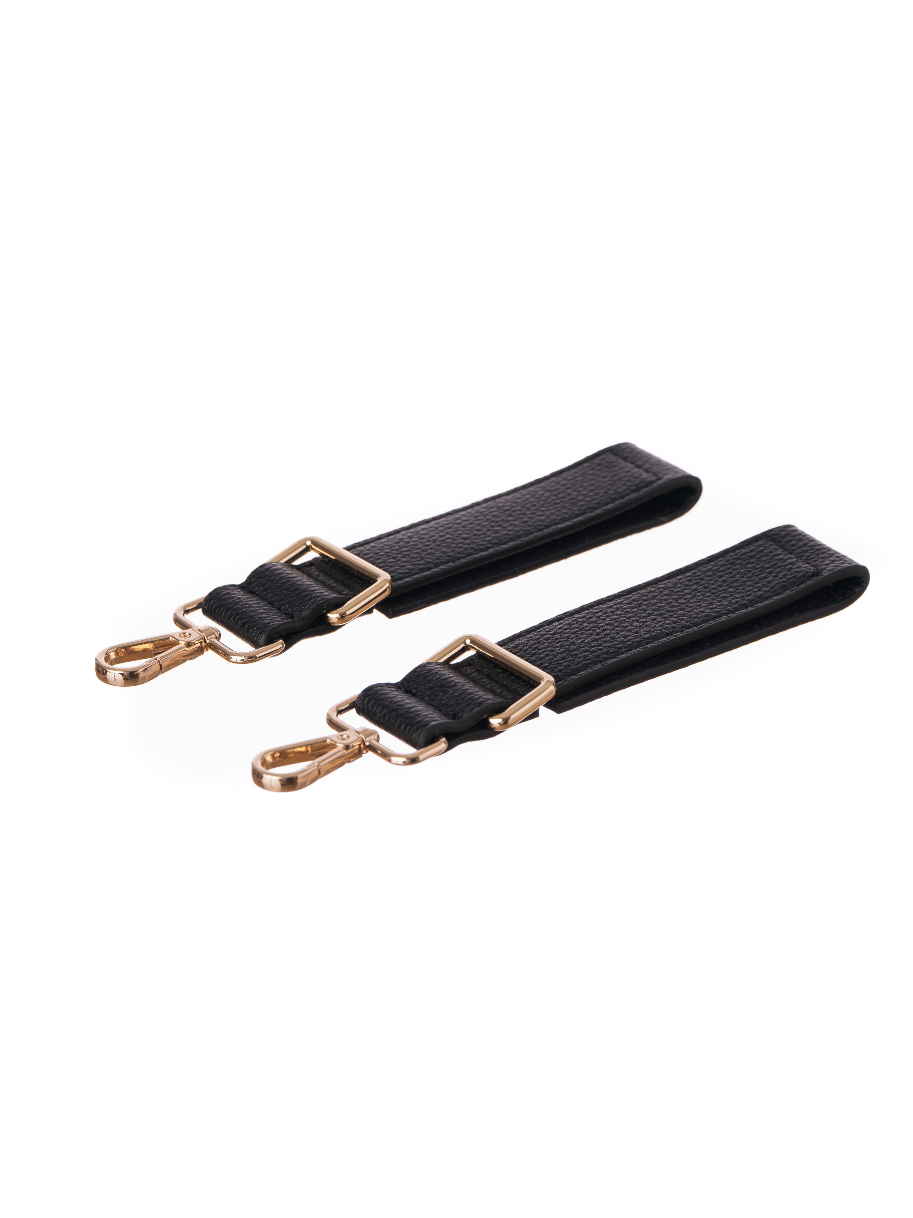 Two short pram stroller attachment straps for Lenelly Hera pram caddy bag in black vegan leather on white background