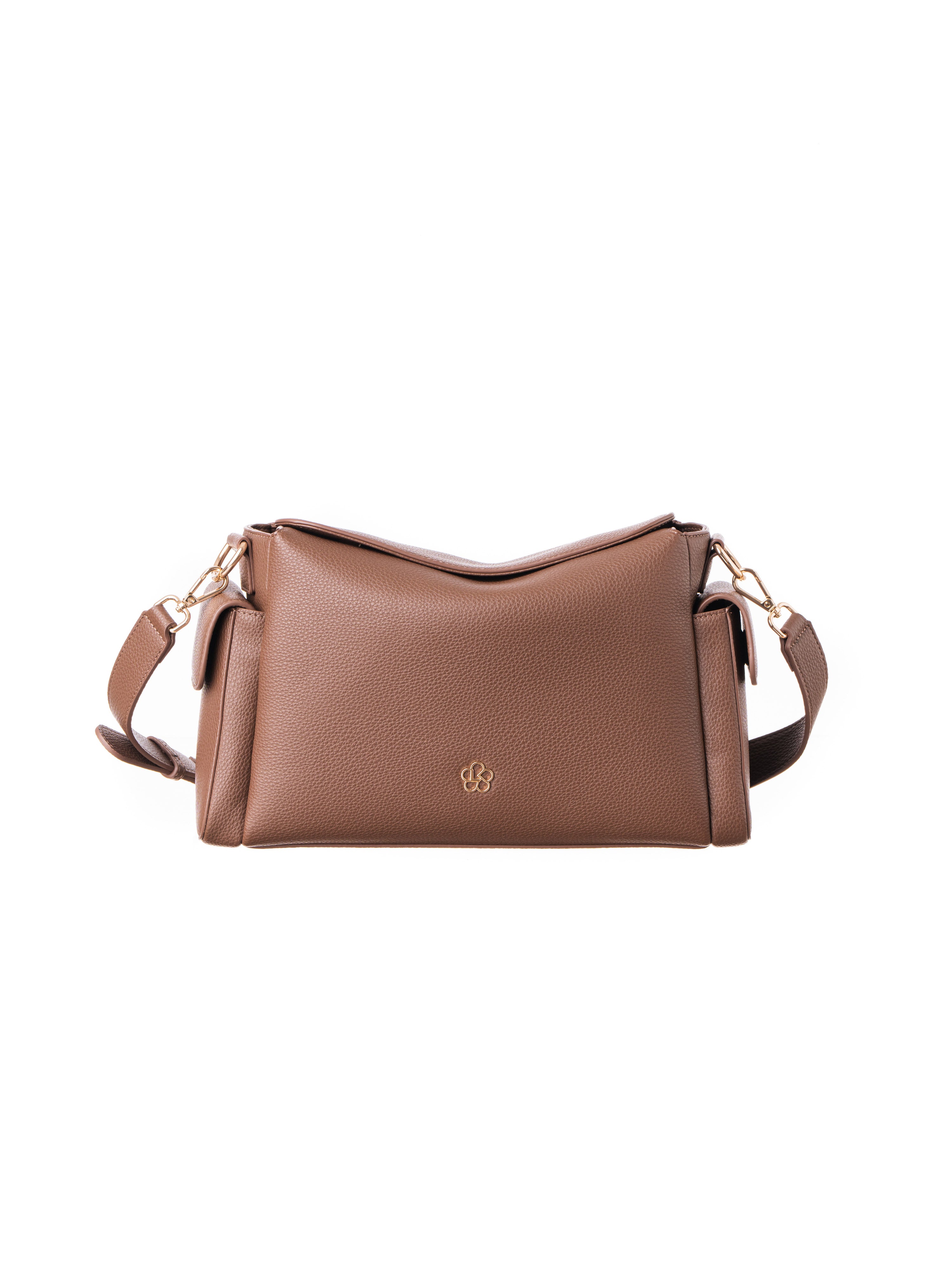 Lenelly Hera pram caddy bag in brown vegan leather with adjustable strap, front view on white background