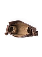 Lenelly Hera pram caddy bag in brown vegan leather with adjustable strap, empty interior view on white background