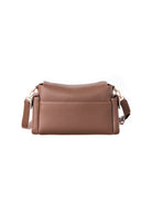 Lenelly Hera pram caddy bag in brown vegan leather with adjustable strap, rear back view on white background