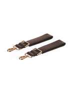 Two short pram stroller attachment straps for Lenelly Hera pram caddy bag in brown vegan leather on white background