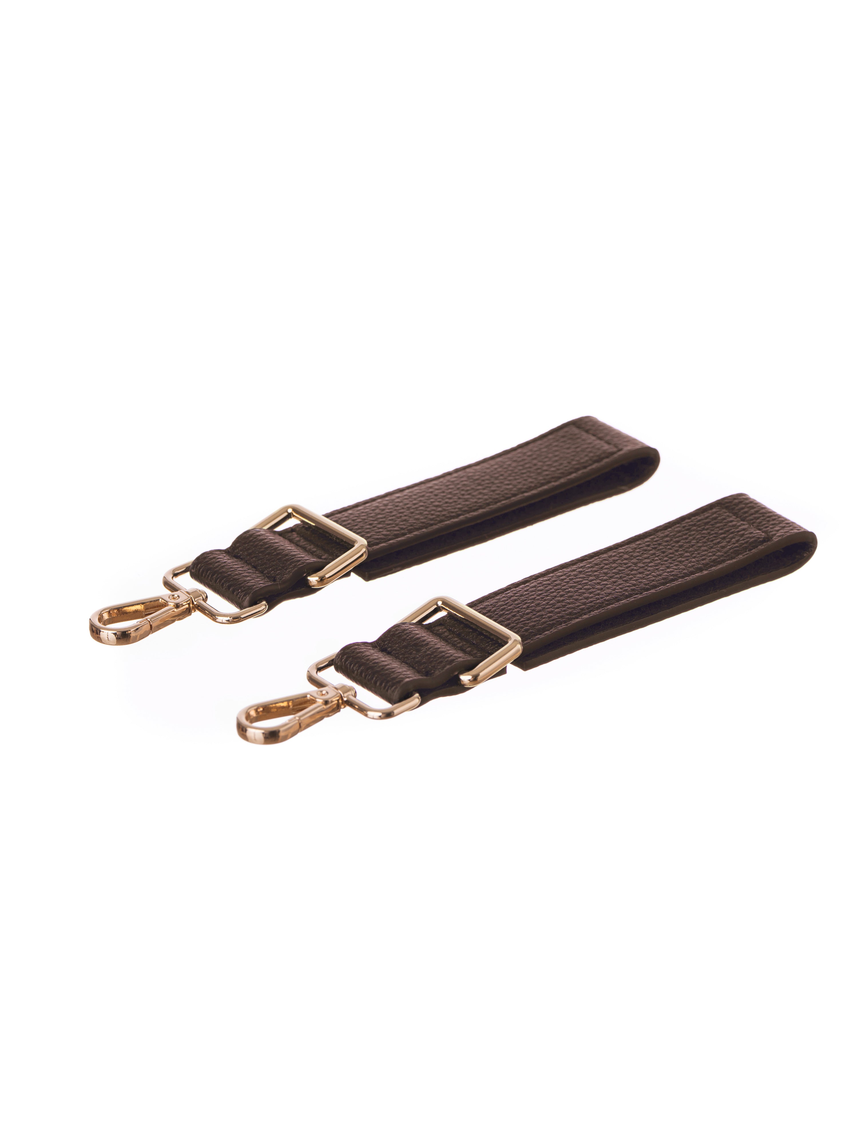 Two short pram stroller attachment straps for Lenelly Hera pram caddy bag in brown vegan leather on white background