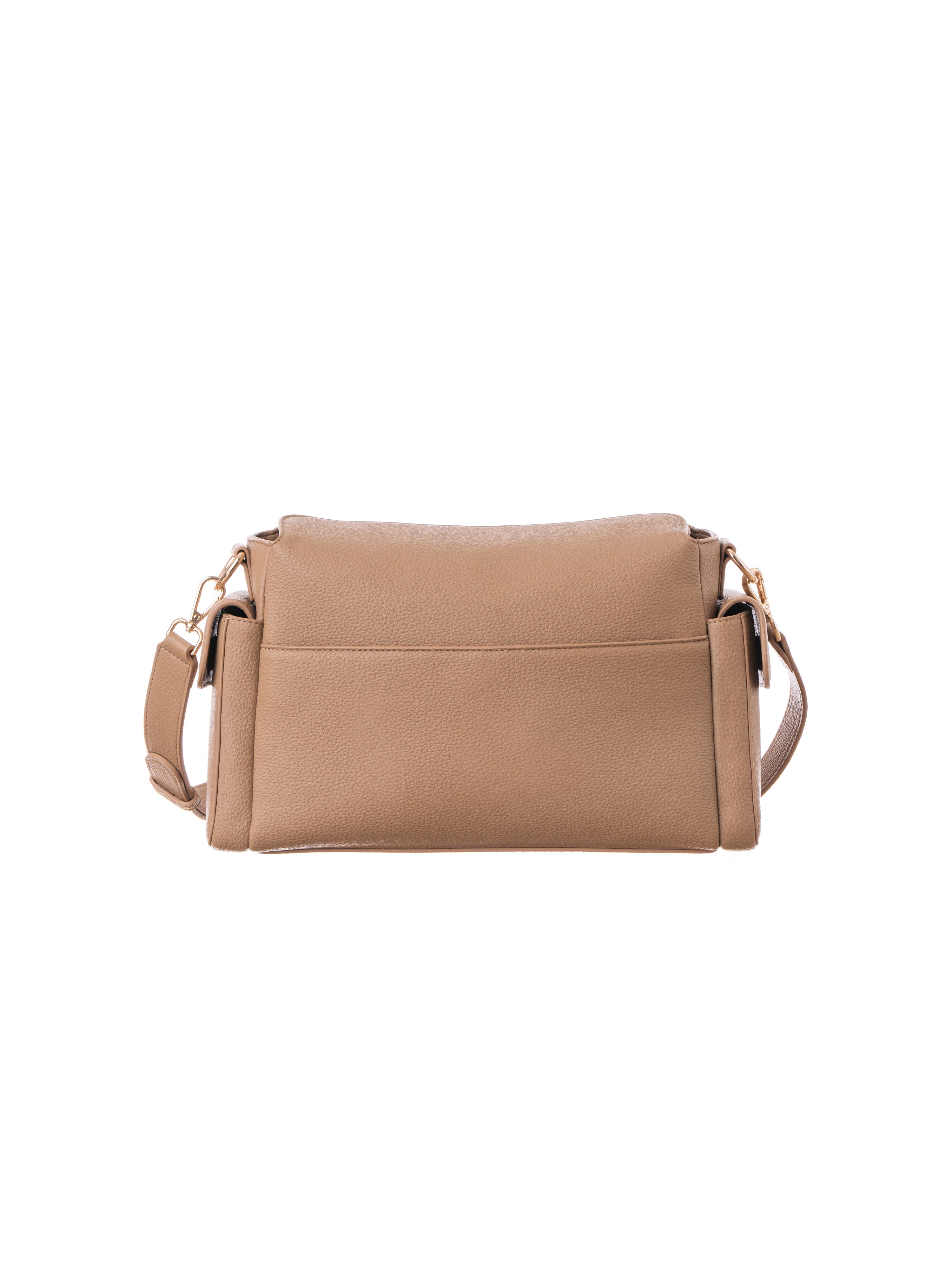 Lenelly Hera pram caddy bag in sand vegan leather with adjustable strap, rear back view on white background