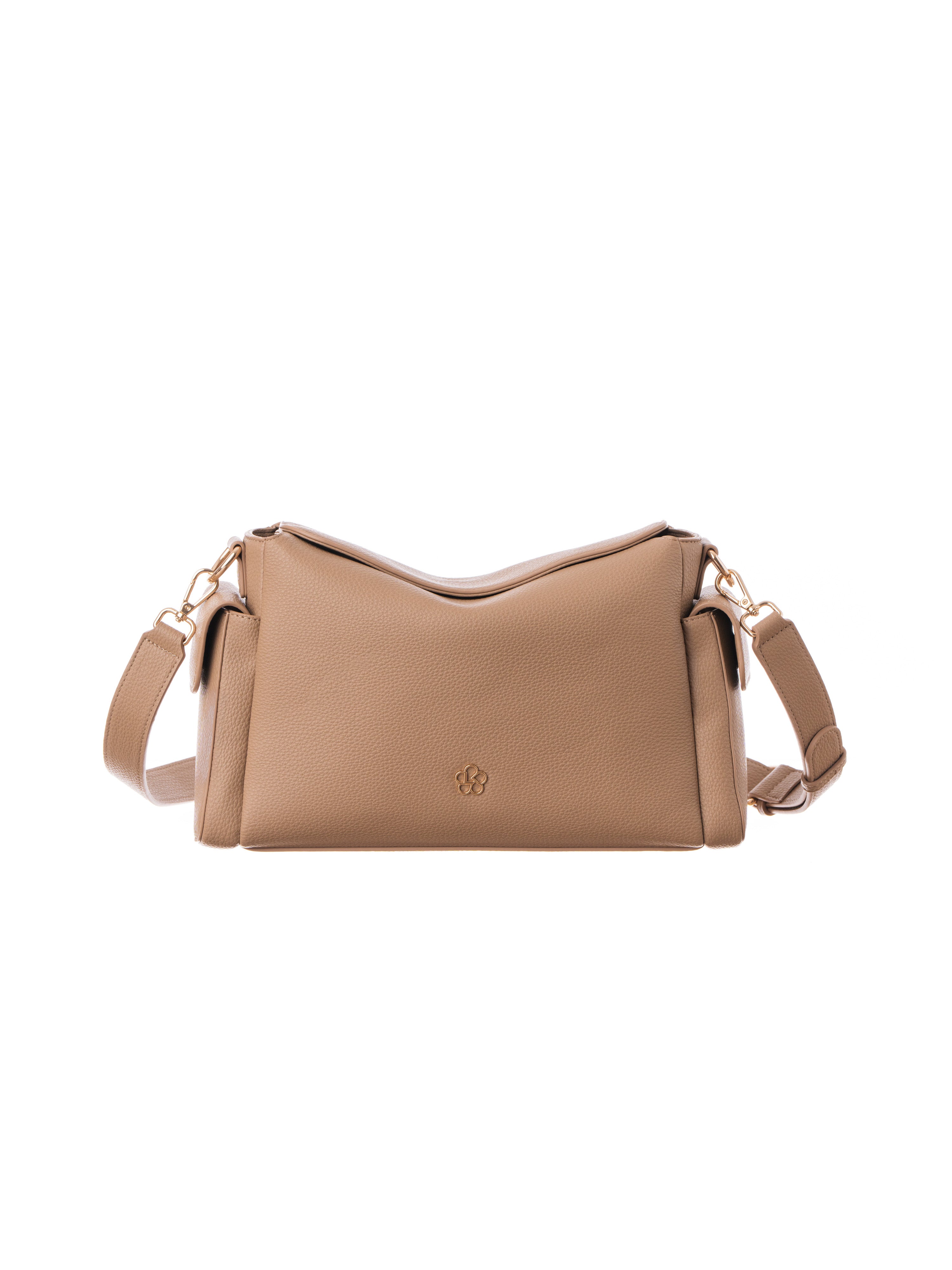 Lenelly Hera pram caddy bag in sand vegan leather with adjustable strap, front view on white background